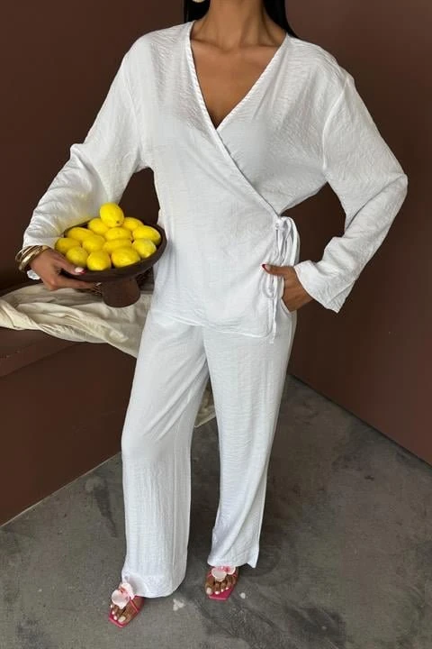 Kruvaze Model Klasik Pantolonlu Çupra Keten Takım 10191