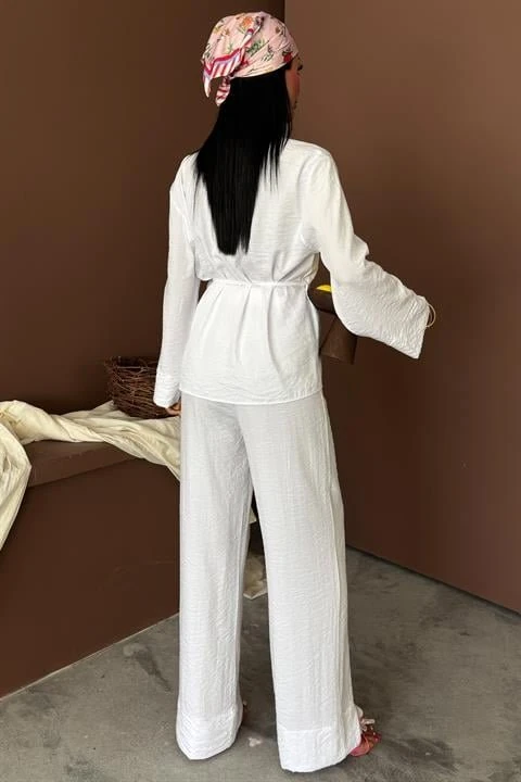 Kruvaze Model Klasik Pantolonlu Çupra Keten Takım 10191