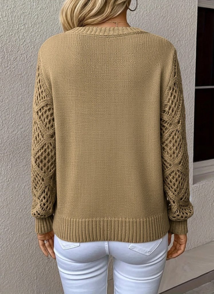 Kadın Uzun Kollu V Yaka Kol Delikli Baklava Desen Detaylı Triko Kazak