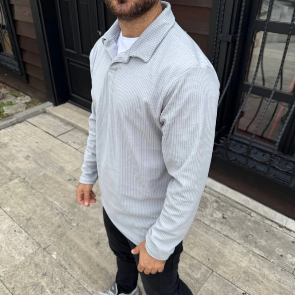 Erkek Fitilli Polar Sweatshirt – Düğmesiz Polo Yaka, Oversize Rahat Kalıp, Kalın Polar Kumaş, Kışlık Ve Baharlık Şık Günlük Üst - Gri