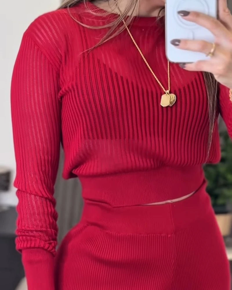 Kadın Uzun Kollu Yuvarlak Yaka Transparan Detaylı Triko Bluz Ve Pantolon Ikili Takım