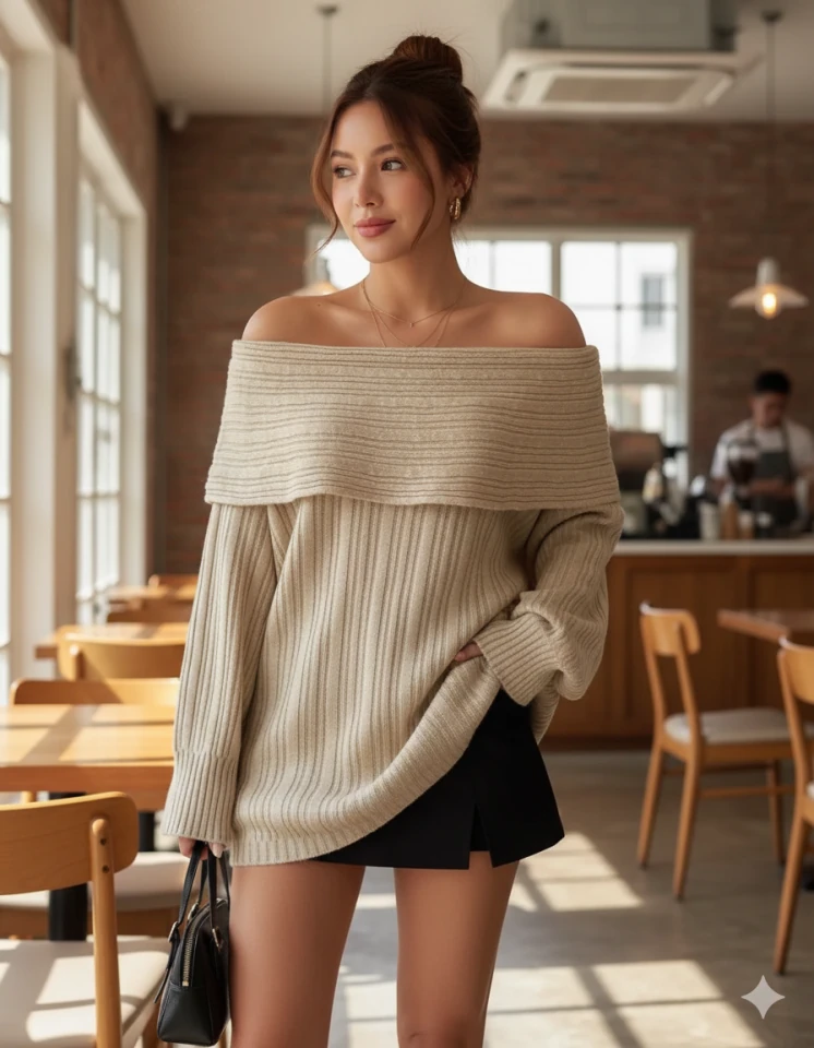 Kadın Uzun Kollu Katlama Detay Madonna Yaka Salaş Kazak