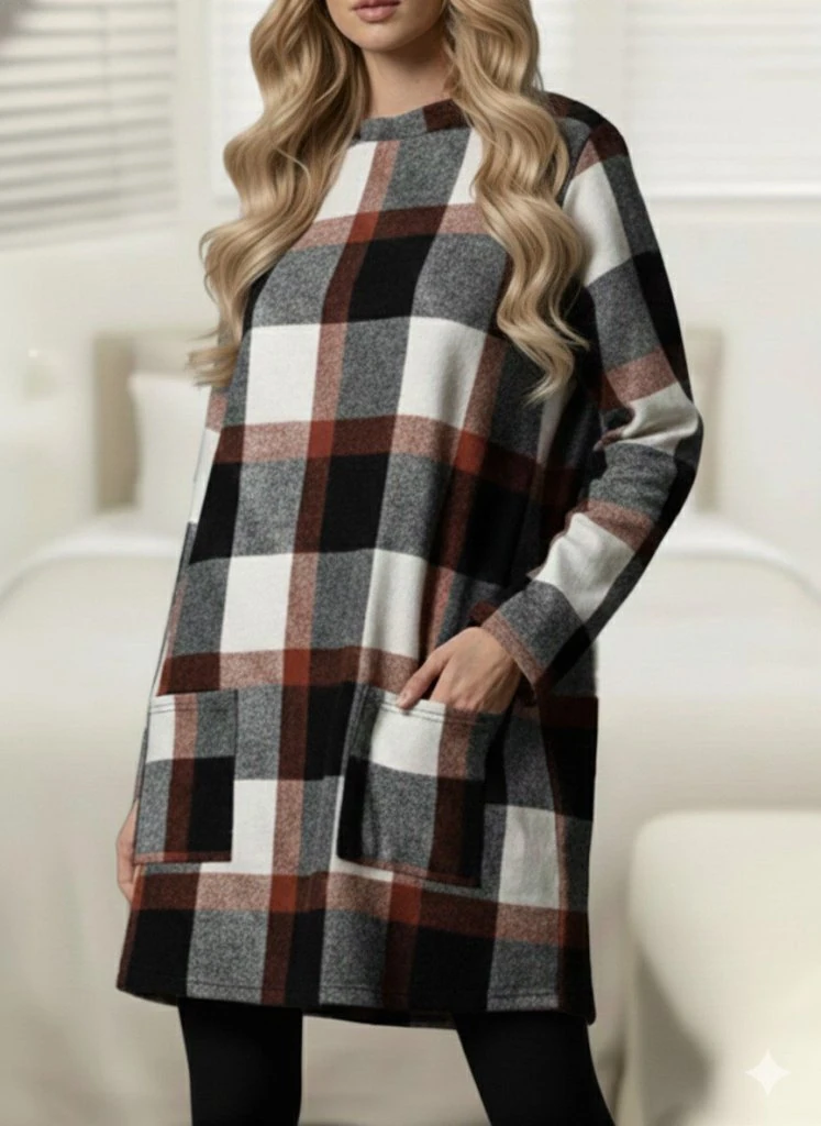Kadın Uzun Kollu Yarı Balıkçı Yakalı Cep Detaylı Ekoseli Dokuma Tunik