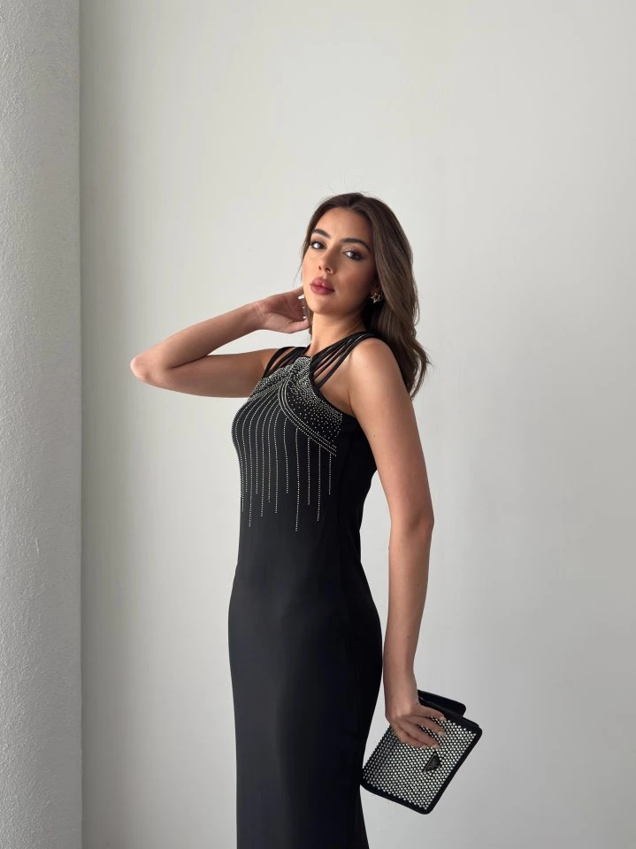 Kadın Omuz çoklu Askılı önü Taş Işlemeli Balık Kesim Janjan Krep Maxi Boy Elbise