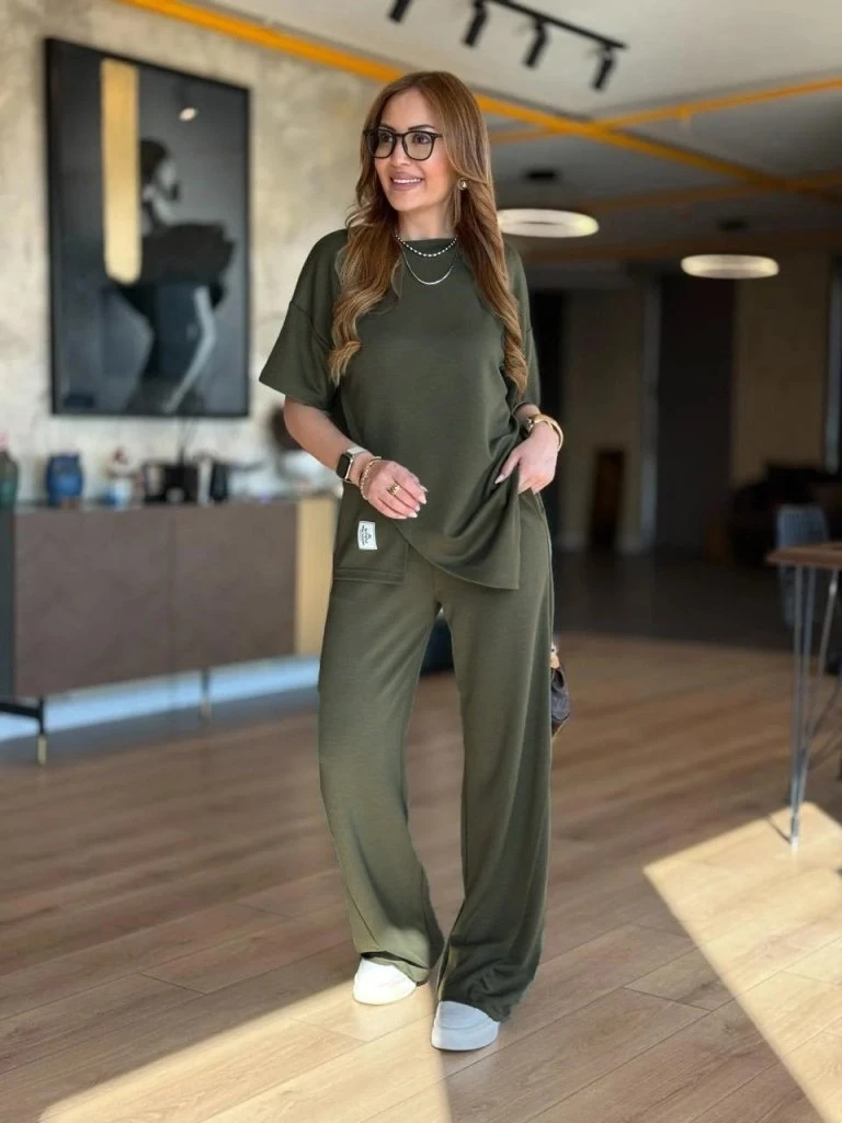 Kadın Kısa Kollu Bisiklet Yaka Asimetrik Viskon Iki Iplik Bluz Ve Pantolon Ikili Takım