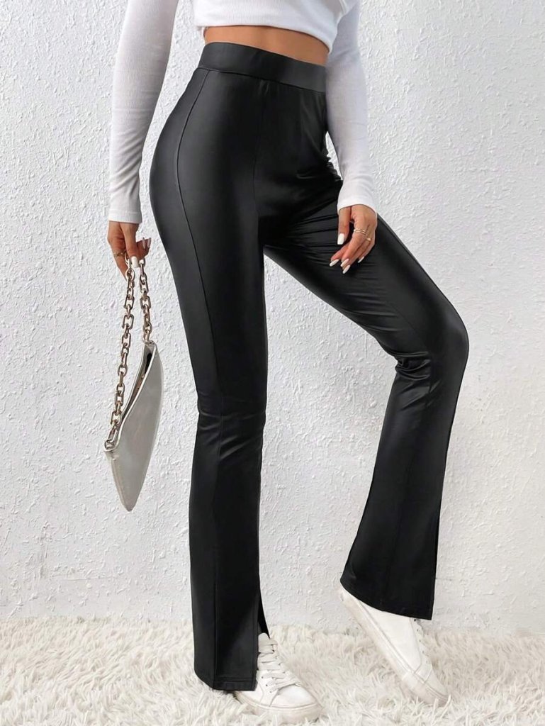 Kadın Yüksek Bel önden Yırtmaçlı Deri Tayt