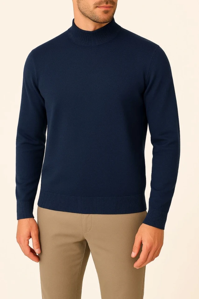 Erkek Yarım Boğaz Triko Kazak Yumuşak Dokulu Pamuklu Ince Dokuma, Uzun Kollu Rahat Regular Kalıp - Lacivert