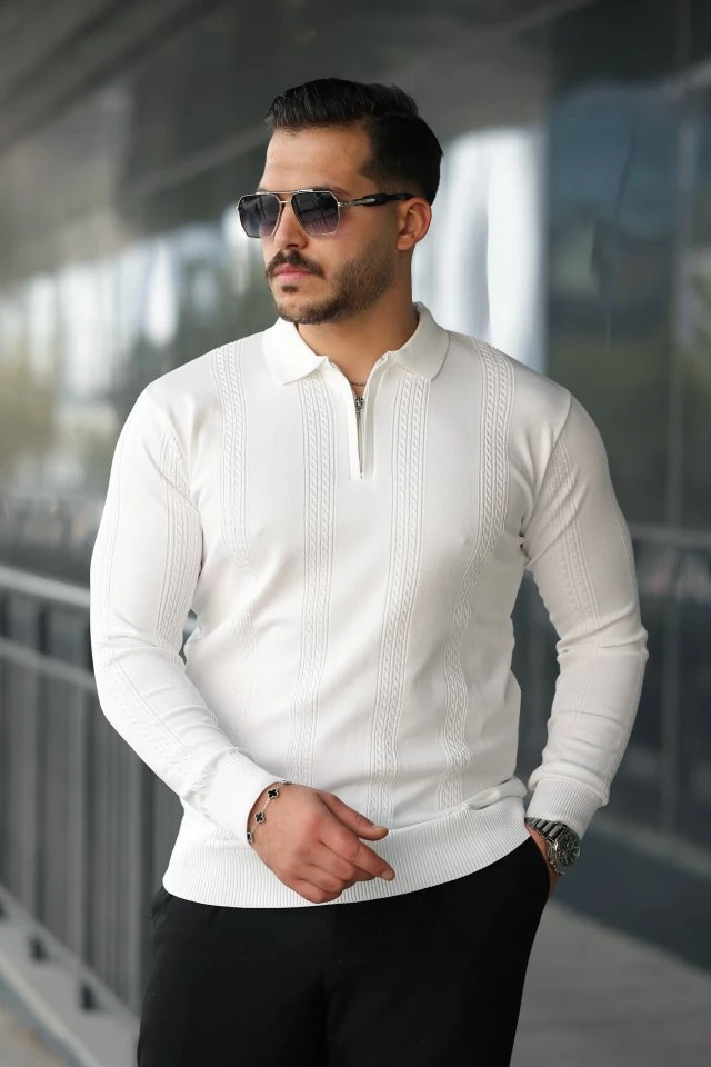 Erkek örgü Desen Fermuar Yaka Uzun Kollu Triko