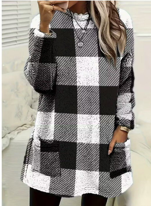 Kadın Uzun Kollu Yarı Balıkçı Yakalı Cep Detaylı Ekoseli Dokuma Tunik