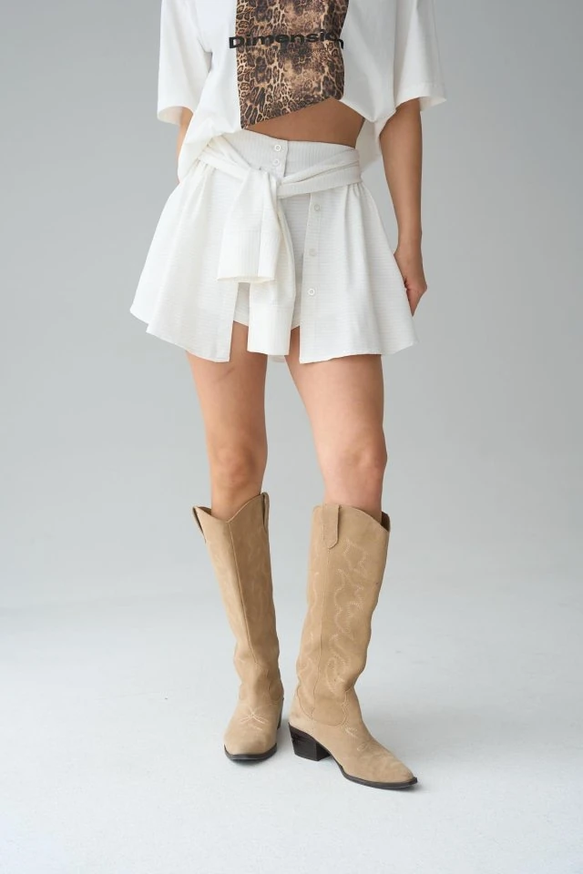 Gömlek Bağlamalı Şort - Krem