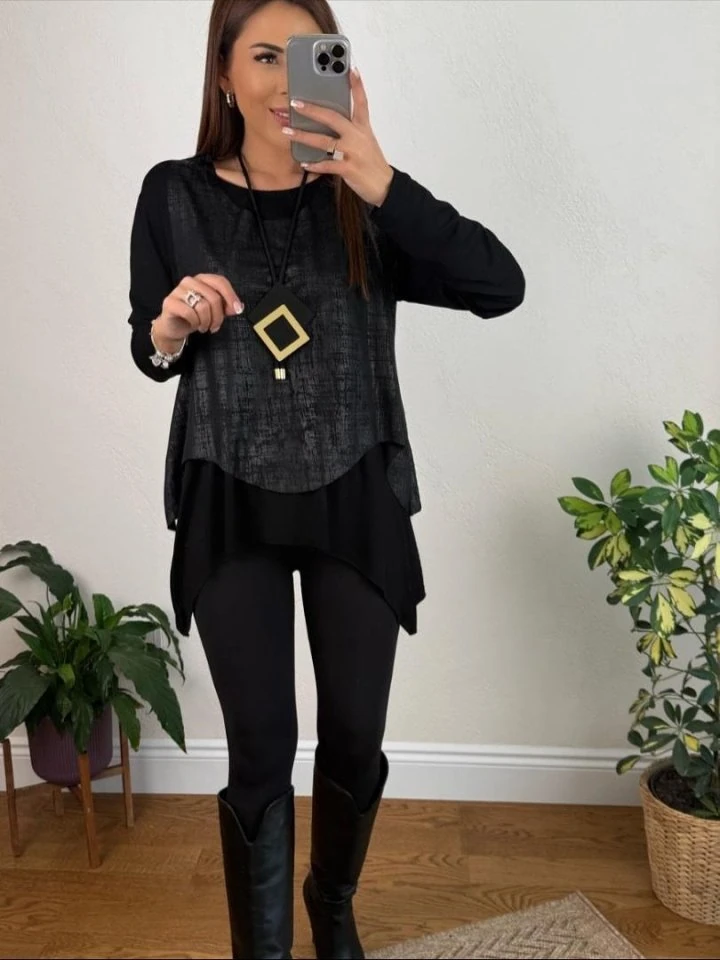 Kadın Siyah Deri Yelekli Kolye Dahil üçlü Takım