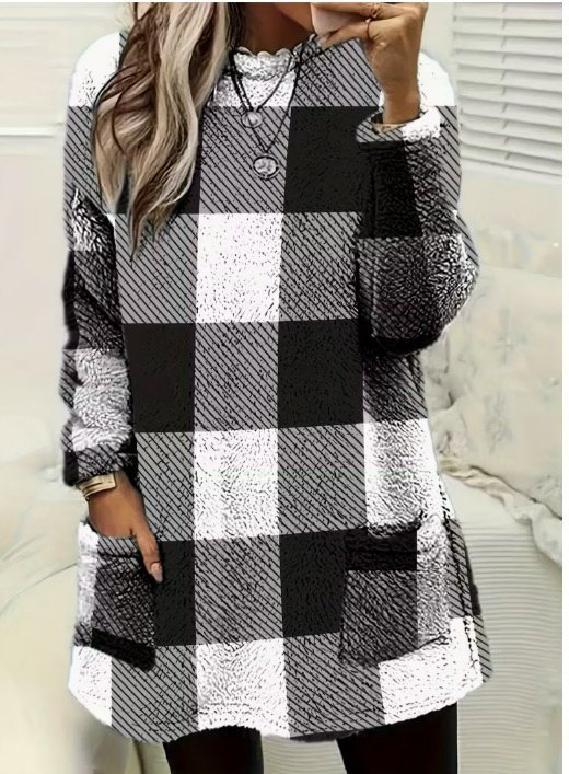 Kadın Uzun Kollu Yarı Balıkçı Yakalı Cep Detaylı Ekoseli Dokuma Tunik