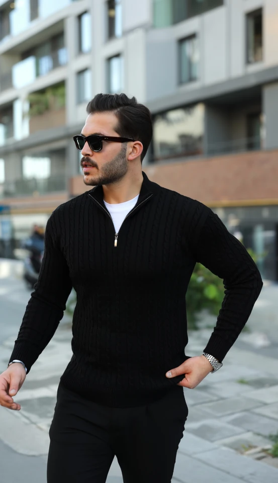 Erkek Örgü Desen Zip Yaka Triko