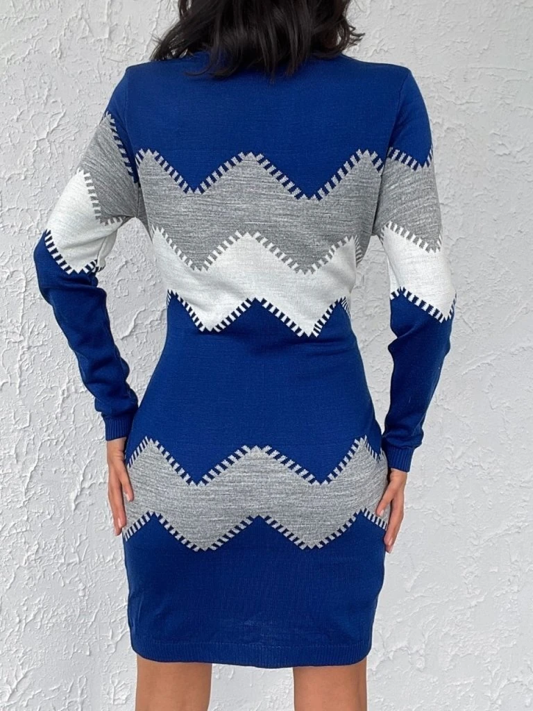 Kadın Uzun Kollu Zigzag Desen Triko Elbise