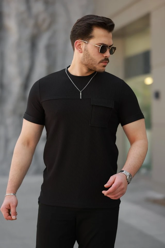 Erkek Cepli Kolyeli Kısa Kollu örme Kumaş T-shirt