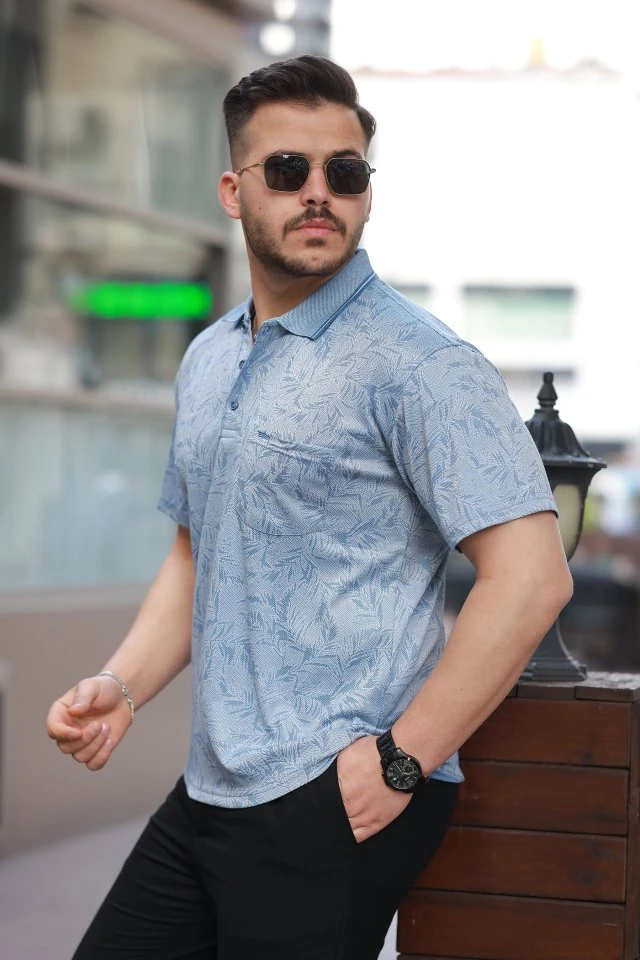 Erkek Yakalı Jakar Baskılı Kısa Kollu T-shirt