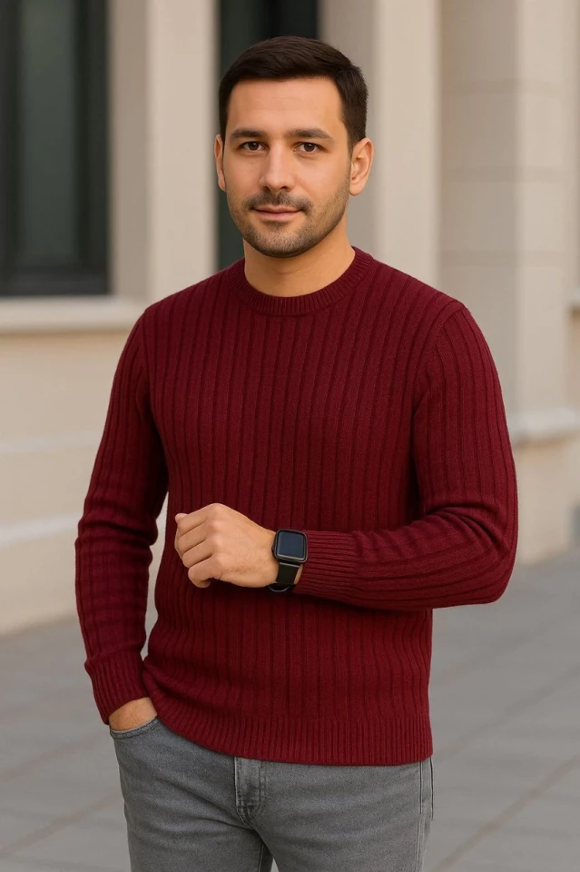 Erkek Bisiklet Yuvarlak Yaka Triko Kazak Pamuklu Kalın Fitilli Dokuma, Regular Fit Uzun Kollu Kışlık Model - Bordo