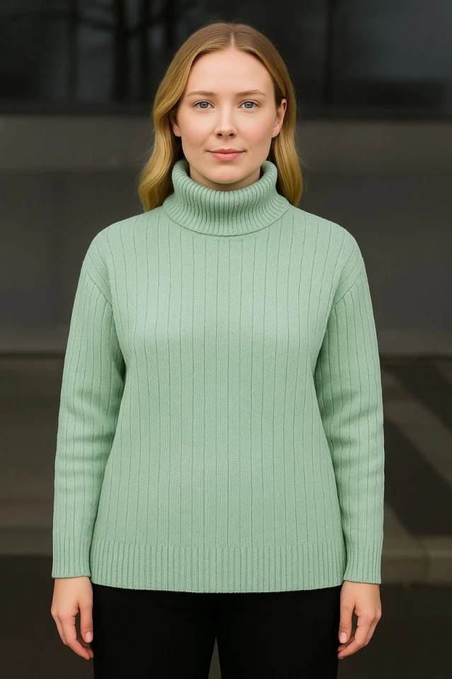 Balıkcı Yaka Bağazlı Triko Kazak Pamuklu Kalın Fitilli Dokuma - Mint Yeşili