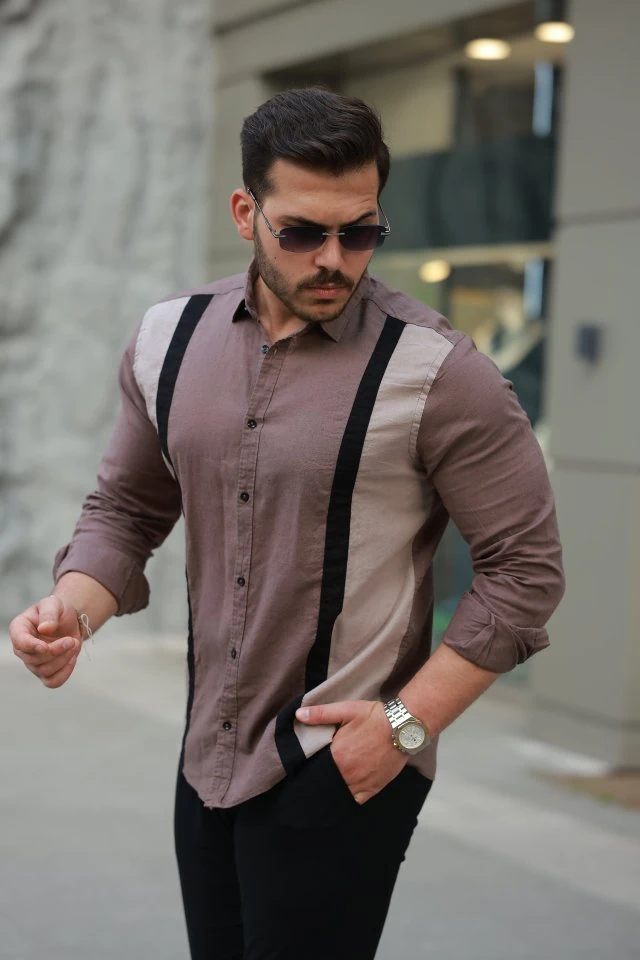 Erkek şerit Detaylı Uzun Kollu Pamuklu Keten Gömlek