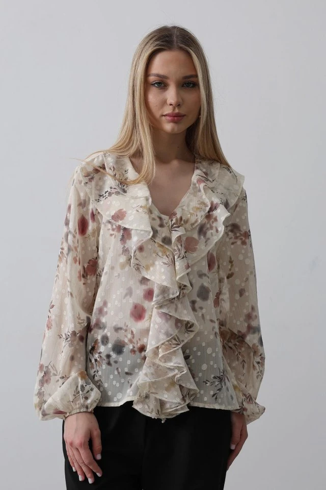 Volanlı Çiçek Desen Şifon Gömlek - Krem