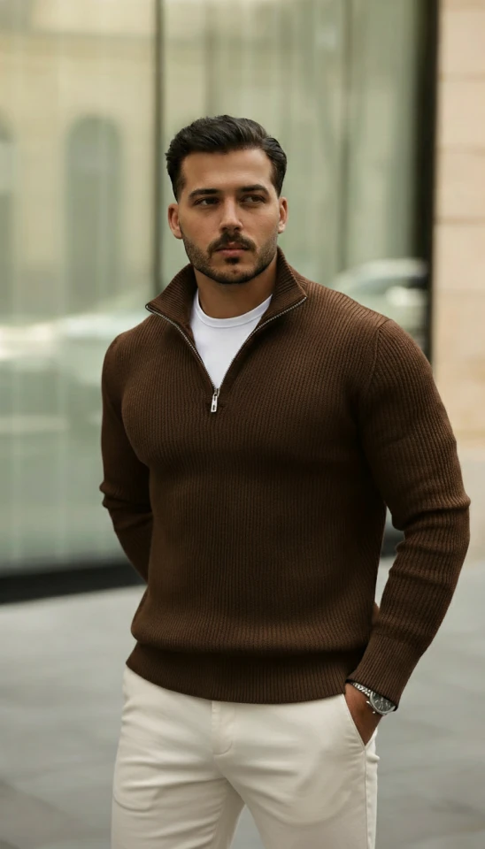 Erkek Balıkçı Zip Yaka Uzun Kollu Triko