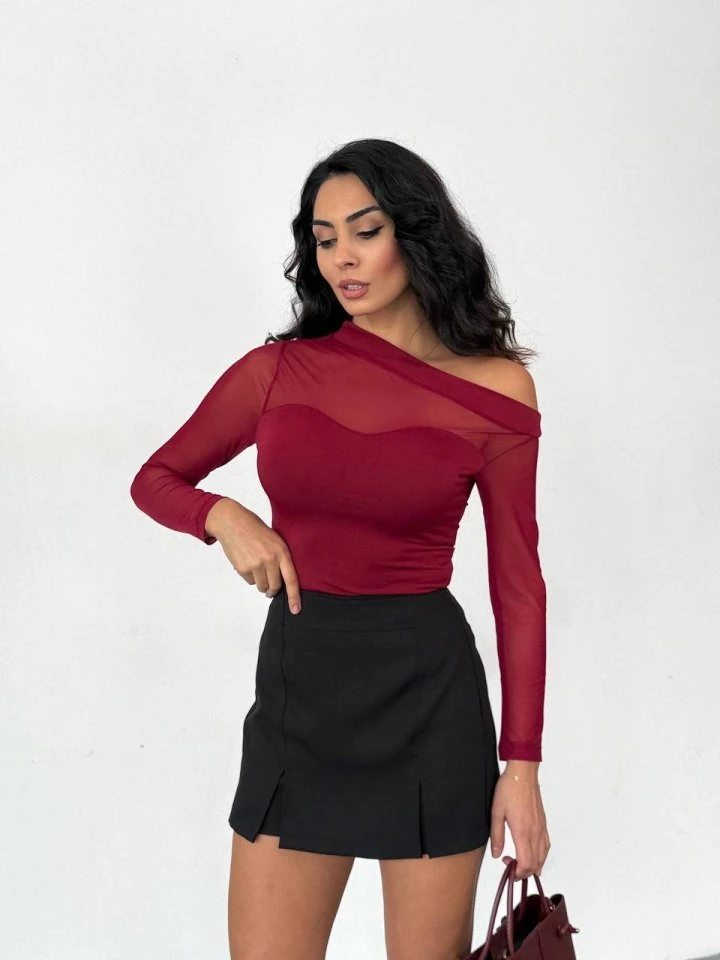 Kadın Uzun Kollu Omuz Dekoltesi Ve Transparan Tül Detay Bluz