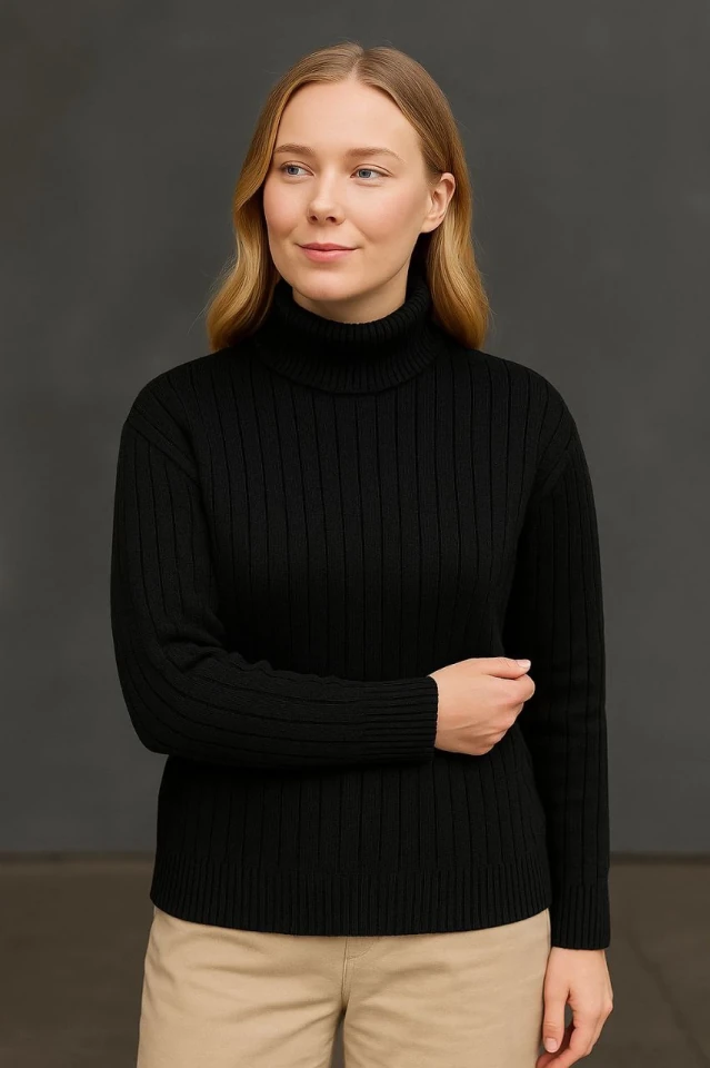 Balıkcı Yaka Bağazlı Triko Kazak Pamuklu Kalın Fitilli Dokuma - Siyah