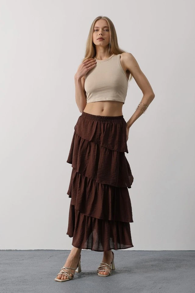 Katlı Kesim Uzun Etek - Kahve