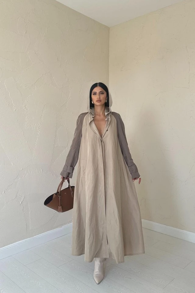 Taba Kapüşonlu Uzun Trençkot