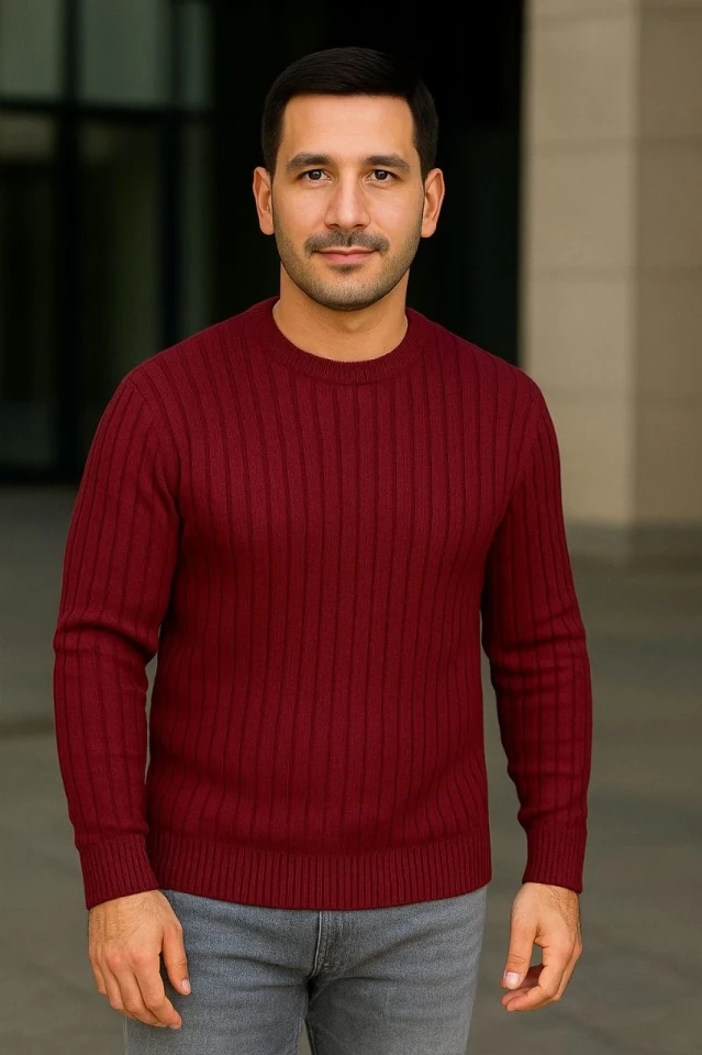 Erkek Bisiklet Yuvarlak Yaka Triko Kazak Pamuklu Kalın Fitilli Dokuma, Regular Fit Uzun Kollu Kışlık Model - Bordo