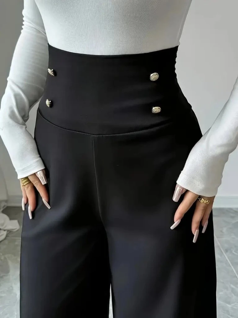 Kadın Yüksek Bel Düğmeli Geniş Paçalı Ithal Krep Pantolon