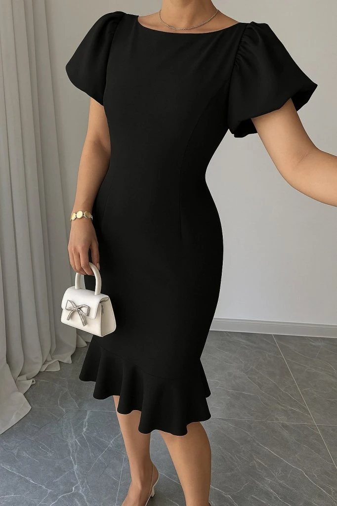 Kadın Kısa Kollu Yuvarlak Yaka Pileli Janjan Krep Elbise