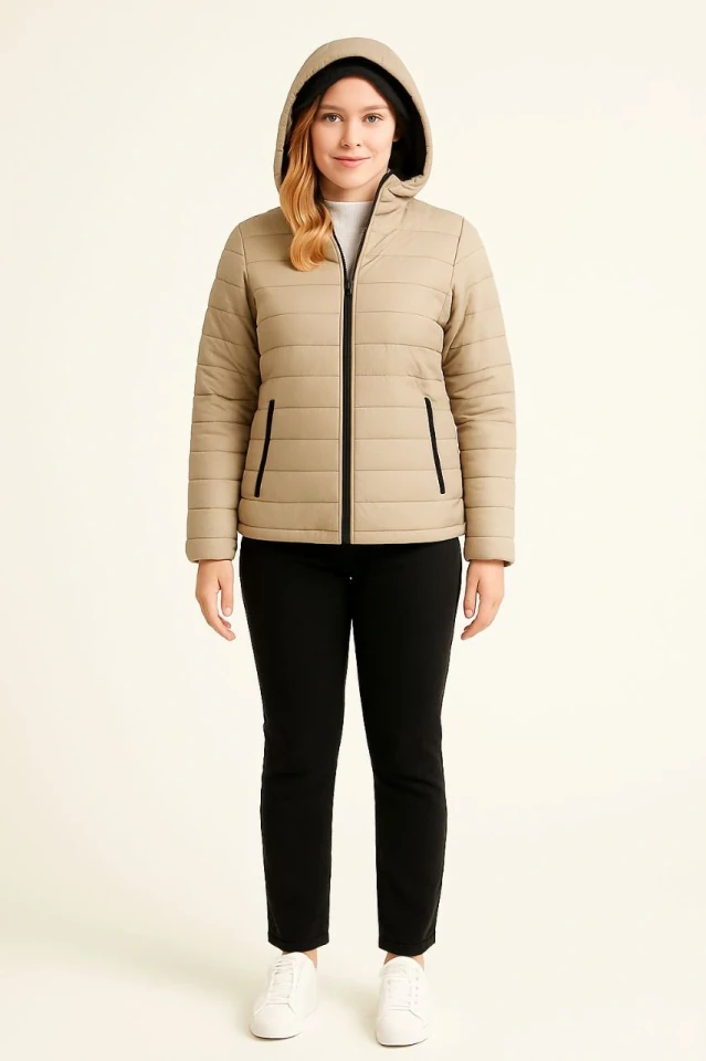 Şişme Kapüşonlu Fermuarlı Mont Su Itici Kapitone Astarlı Kumaş Cepli Kışlık Rahat Kalıp - Bej