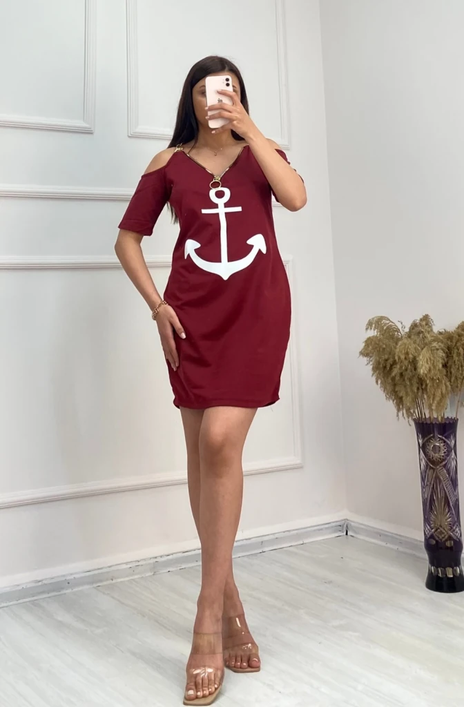 Fermuar Detay çıpa Baskılı Zincir Askılı Iki Iplik Elbise - Bordo