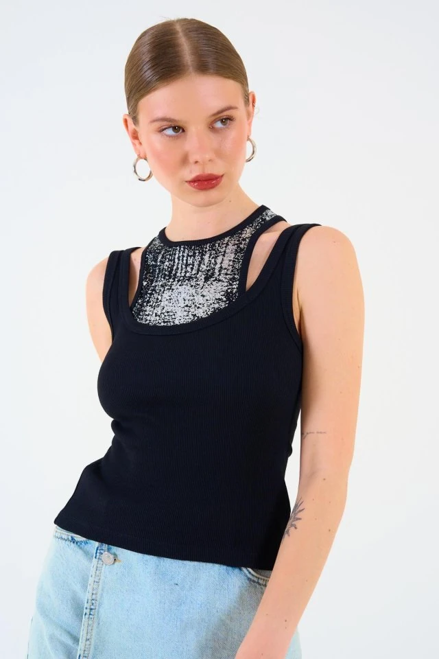 İçi Baskılı Halter Yaka Kaşkorse Atlet - Siyah