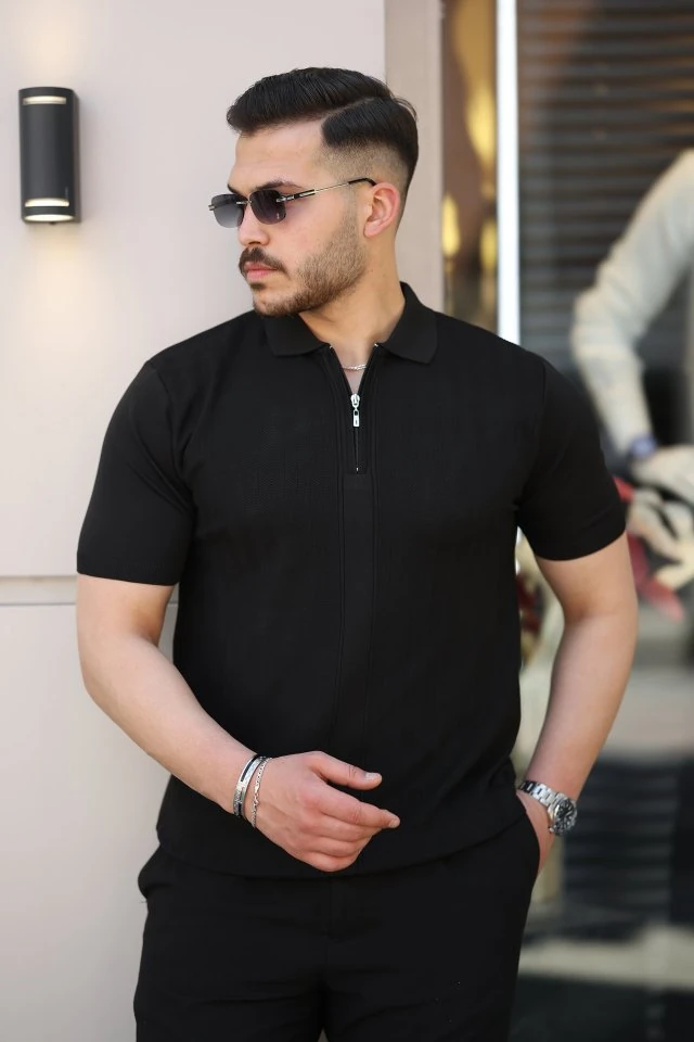 Erkek Yakası Fermuarlı Kısa Kollu T-shirt