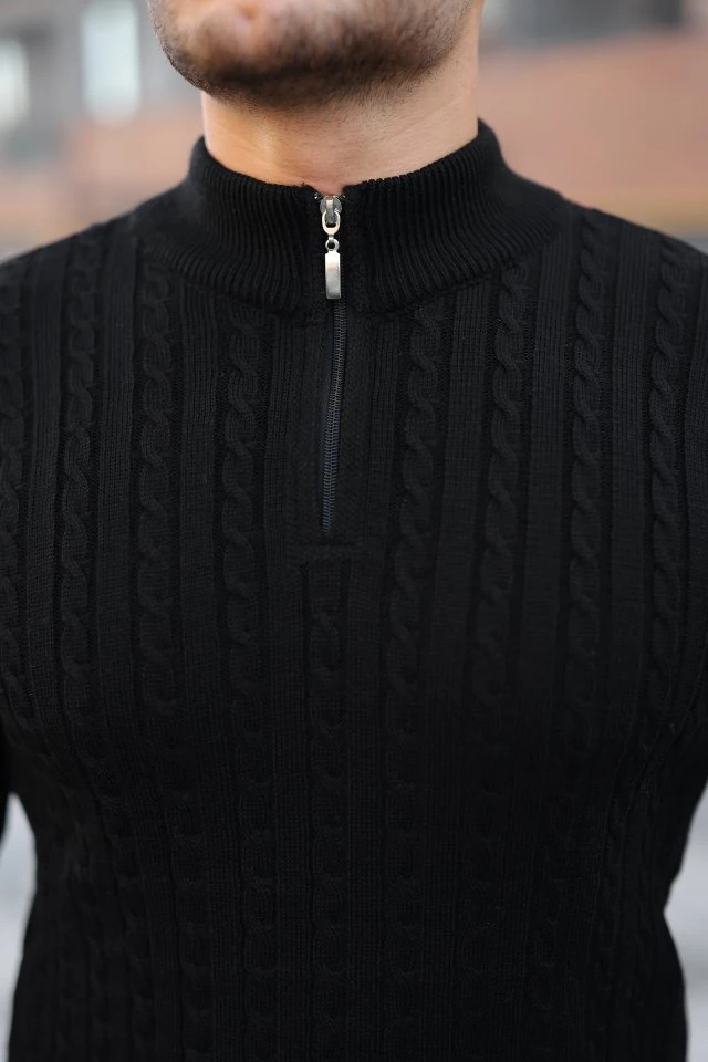 Erkek Örgü Desen Zip Yaka Triko