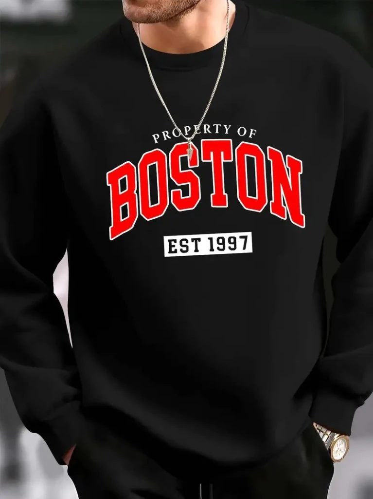 Erkek Uzun Kollu Bisiklet Yaka Boston Yazılı Iki Iplik Sweat