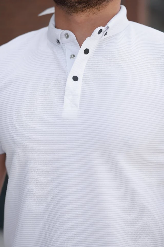 Erkek çizgi Dokulu çıtçıt Yakalı Kısa Kollu T-shirt