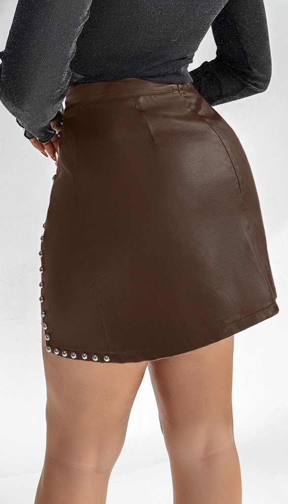 Kadın Yüksek Belli Yandan çivili Mini Deri Etek