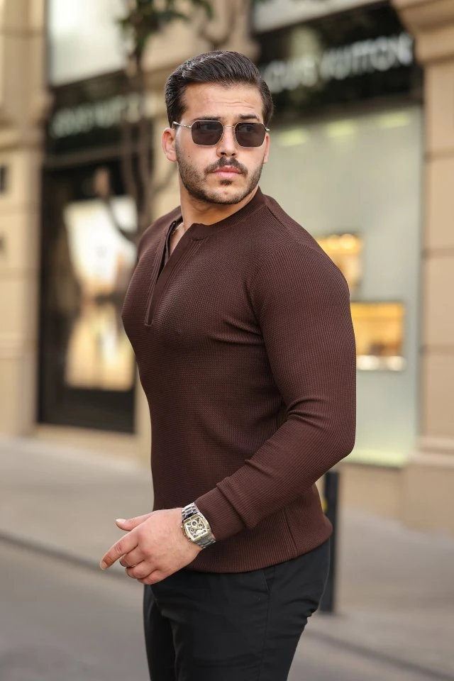 Erkek Fermuarlı Bisiklet Yaka Dokulu Uzun Kollu Triko