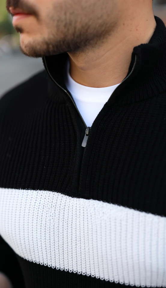 Erkek Şerit Renk Desenli Zip Yaka Kazak