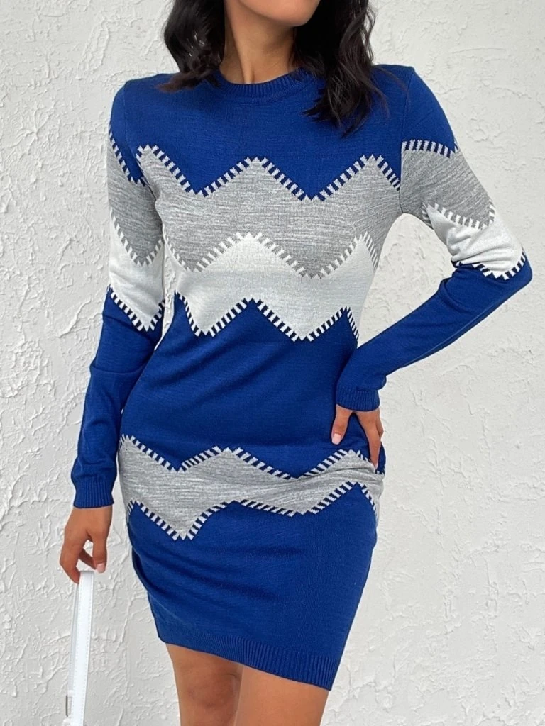 Kadın Uzun Kollu Zigzag Desen Triko Elbise
