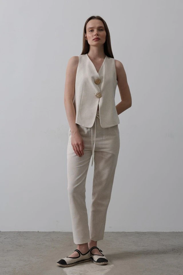 Düğme Detaylı Yelek - Krem