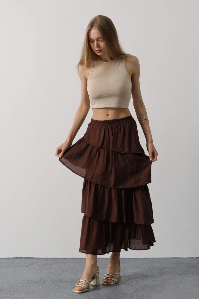 Katlı Kesim Uzun Etek - Kahve