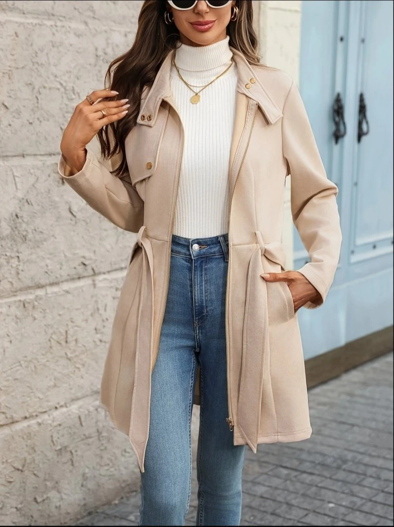 Kadın Uzun Kollu Boyundan Düğmeli Fermuarlı Beli Kuşaklı Süet Ceket