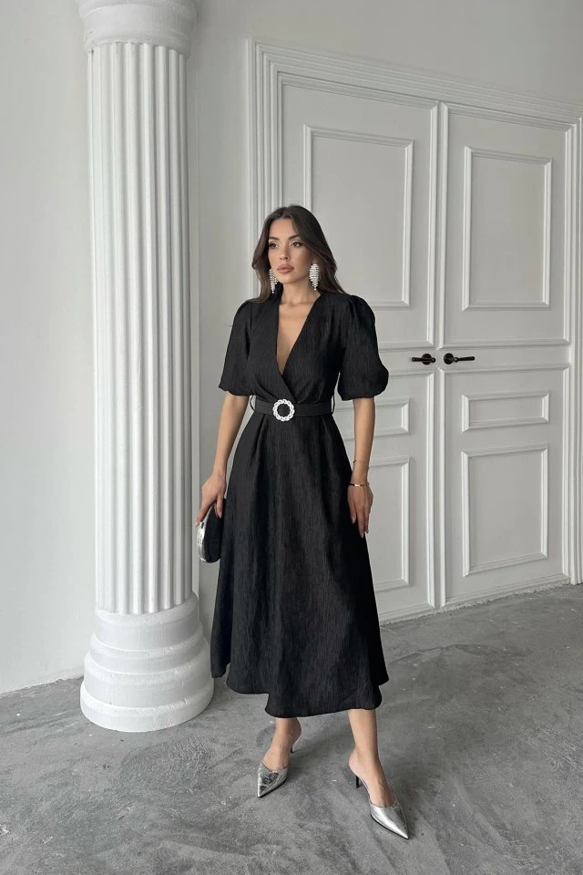 Siyah Işıltılı Kemerli Kruvaze Elbise