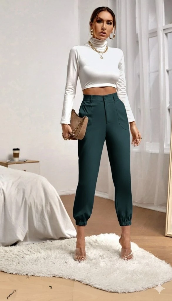 Kadın Yüksek Bel Cepli Paçası Lastikli Ithal Krep Pantolon