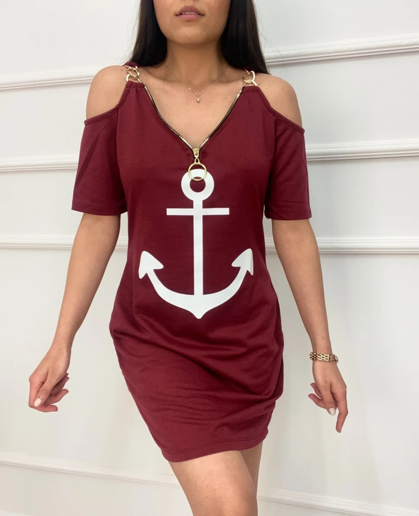 Fermuar Detay çıpa Baskılı Zincir Askılı Iki Iplik Elbise - Bordo