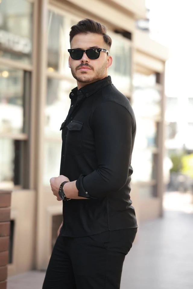 Erkek çift Cepli çıtçıt Düğmeli Uzun Kollu Gömlek